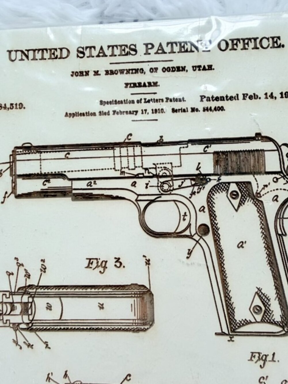 Browning 1911 Patent Print Wood Wall Art Firearm Decor - Picture 3 of 11